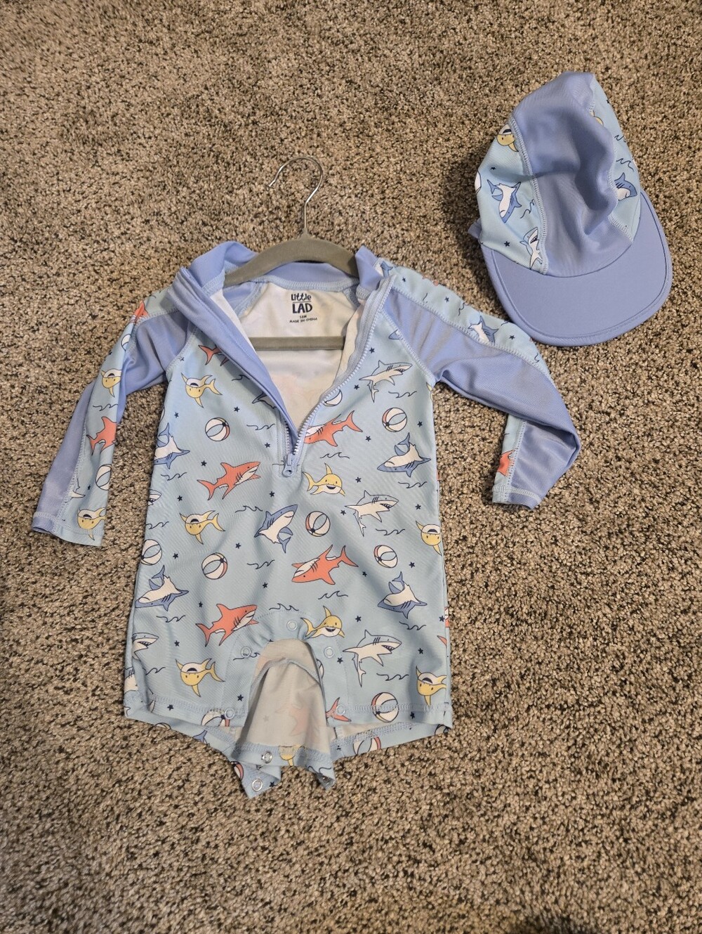 Little Lad Light Blue Shark Print Rash Guard Swim Suit + Hat